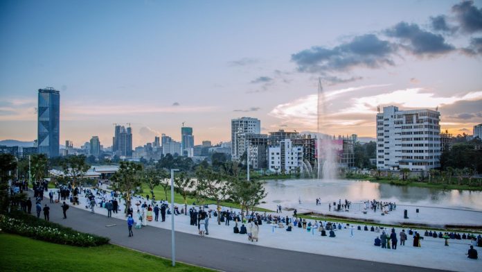 High-rise blocks and a landscaped boulevard in central Addis Ababa