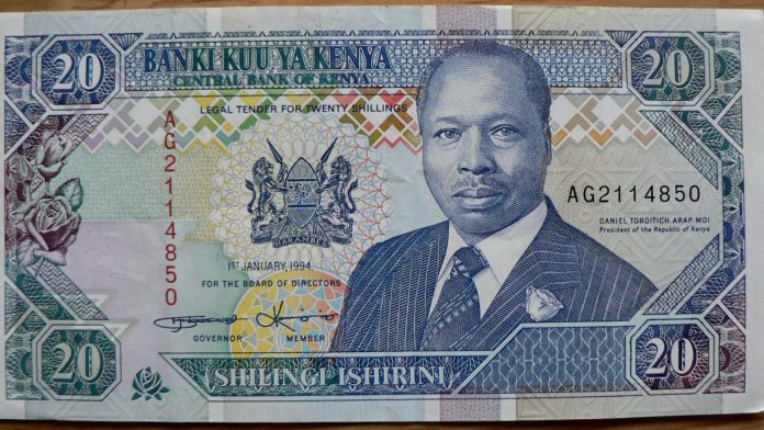 A Kenyan twenty shilling banknote lying flat