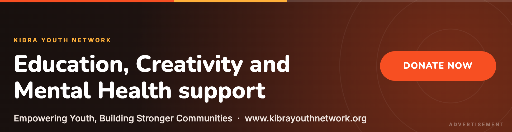 Kibra Youth Network advert: Education, Creativity and Mental Health support. Visit www.kibrayouthnetwork.org