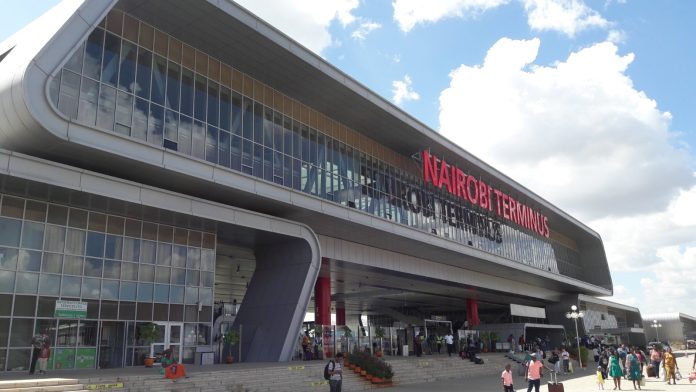 The curved roof and forecourt of Nairobi Terminus on the standard gauge railway