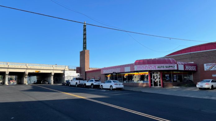 A quiet street of low brick buildings in west downtown Spokane, Washington