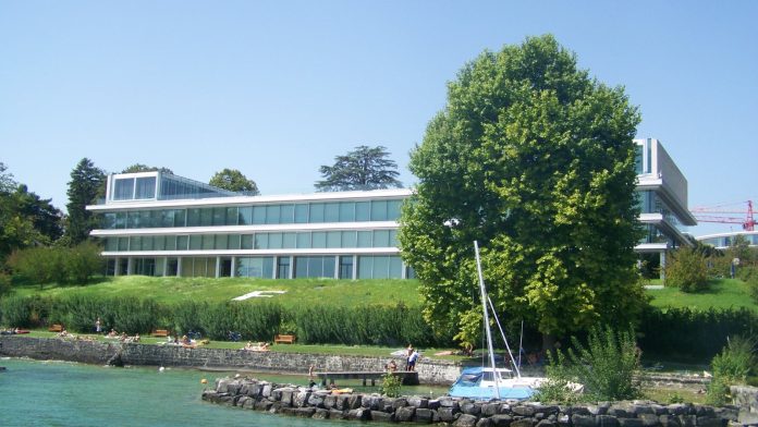 UEFA’s low glass headquarters building beside Lake Geneva at Nyon