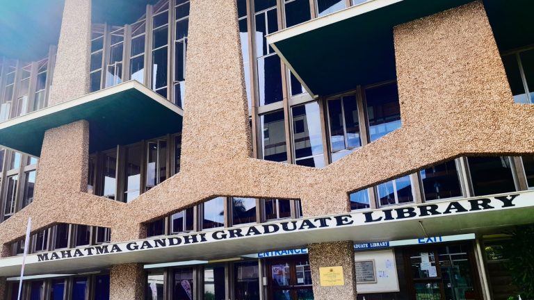 The Mahatma Gandhi Graduate Library building at the University of Nairobi main campus, seen from the entrance