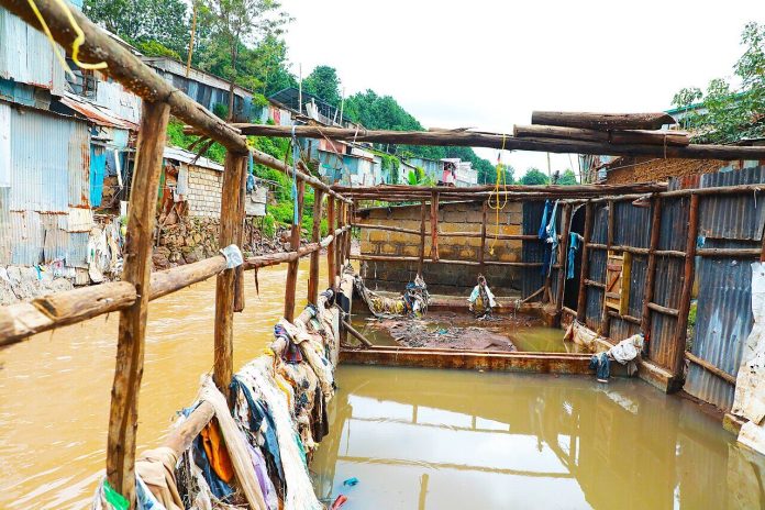 Floodwater in a Kibra slum settlement