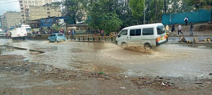 A flooded road in Nairobi after heavy rain