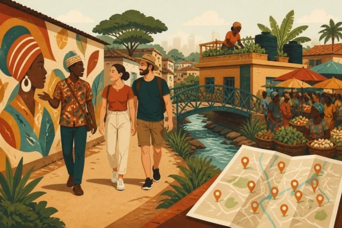 Illustration: a guide leading visitors past a mural, a footbridge, a rooftop garden and a market