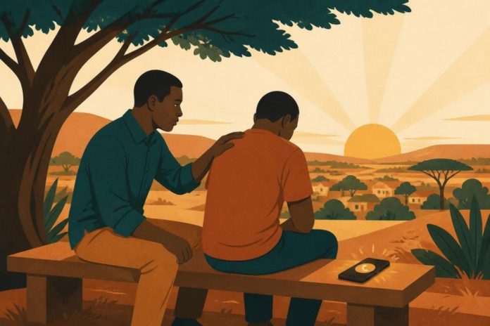 Illustration: two people on a bench under a tree, one comforting the other at sunrise