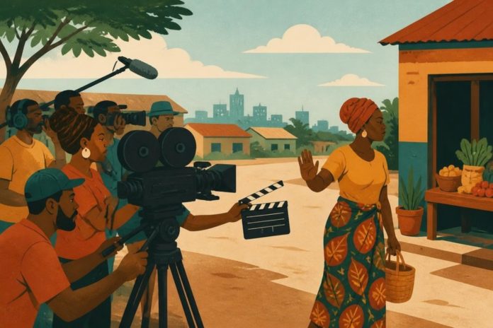 Illustration: a film crew pointing a camera at a woman who turns away toward her shop