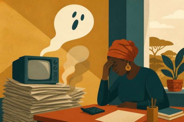 Illustration: a ghost-shaped speech bubble rising from old newspapers and a television