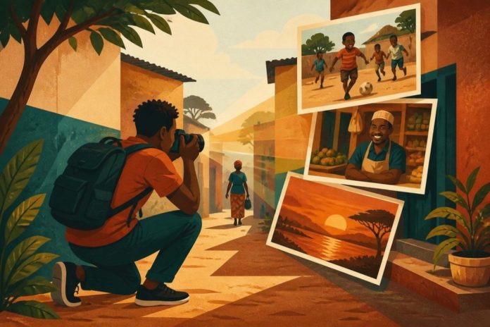 Illustration: a young photographer in a Kibera lane with floating photo frames