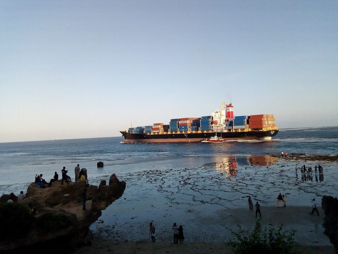 A container ship leaving the port of Mombasa