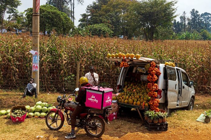 A roadside hawker selling produce near Nairobi