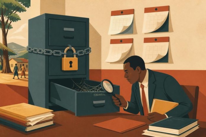 Illustration: a padlocked filing cabinet and an auditor finding only cobwebs
