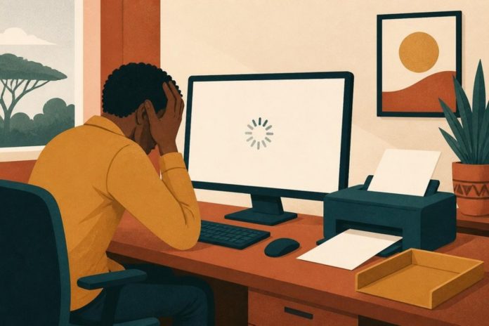 Illustration: a frustrated person at a computer showing a blank web page