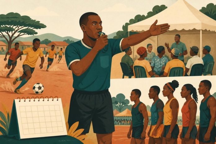 Illustration: a football kick-off, a ward meeting under a tent and athletes lining up
