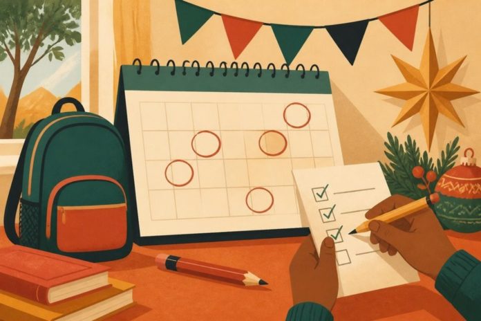 Illustration: a wall calendar with circled dates, a school bag, bunting and a checklist
