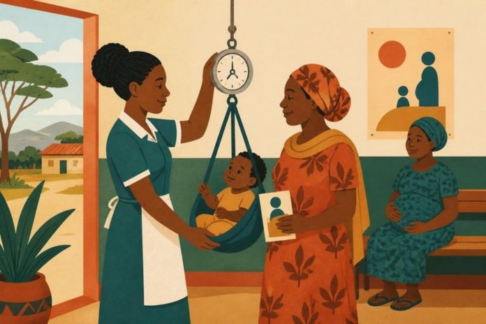 Illustration: a nurse weighing a baby while the mother holds a child-health card