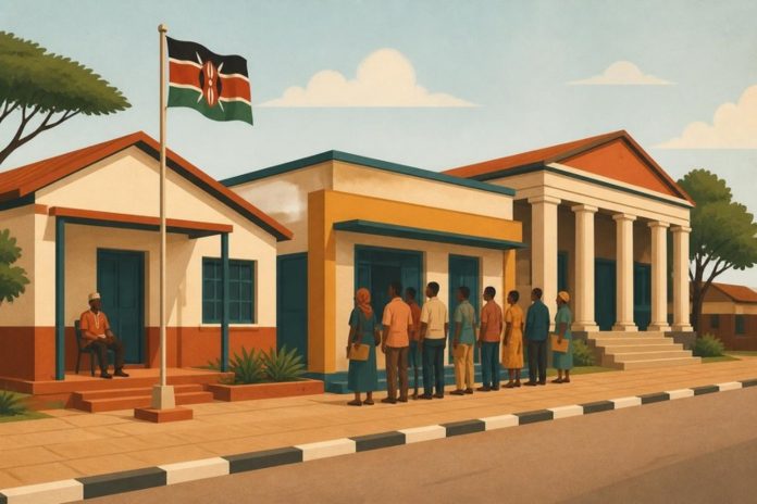 Illustration: a chief's office, a service centre with a queue and a court along a street