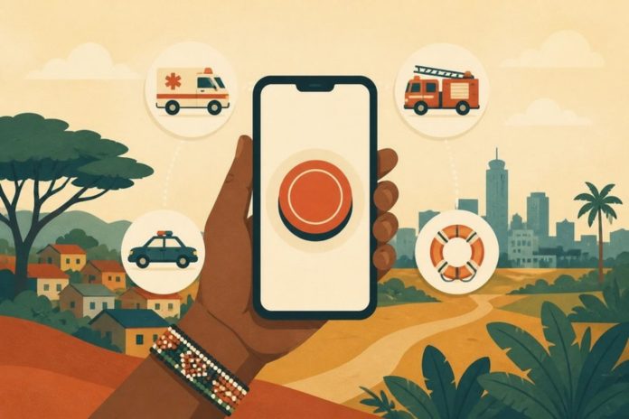 Illustration: a hand holding a phone with a red emergency button and ambulance, fire and police icons
