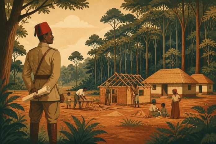 Illustration: a Nubian veteran in khaki and fez at the forest edge as families build the first houses