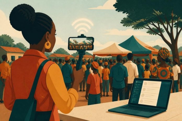 Illustration: a reporter live-streaming a crowd on a phone gimbal with a laptop feed