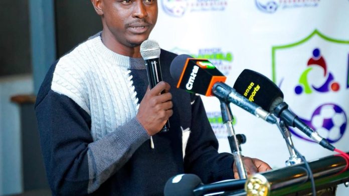 Eric 'Marcelo' Ouma speaking at the launch of the EMOF Super Eight tournament