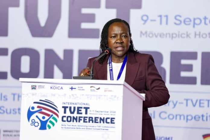 TVET PS Esther Thaara Muoria speaking at the International TVET Conference 2026