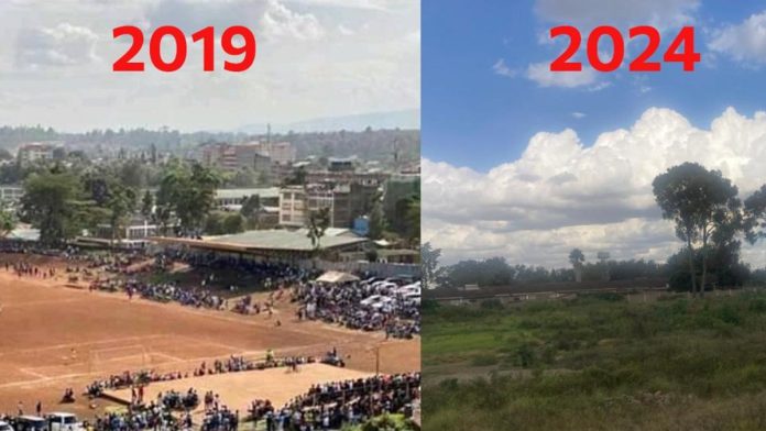 Woodley Stadium in 2019 and overgrown in 2024