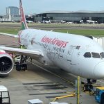 A Kenya Airways Boeing 787-8 Dreamliner at London Heathrow in 2023