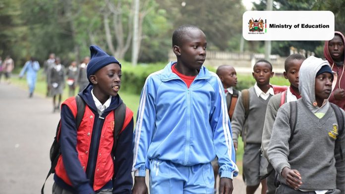 Secondary school students in uniform walking to school in Kenya