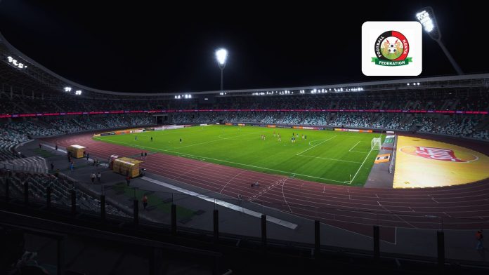 A football stadium under floodlights