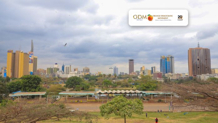 Uhuru Park with the Nairobi skyline behind it